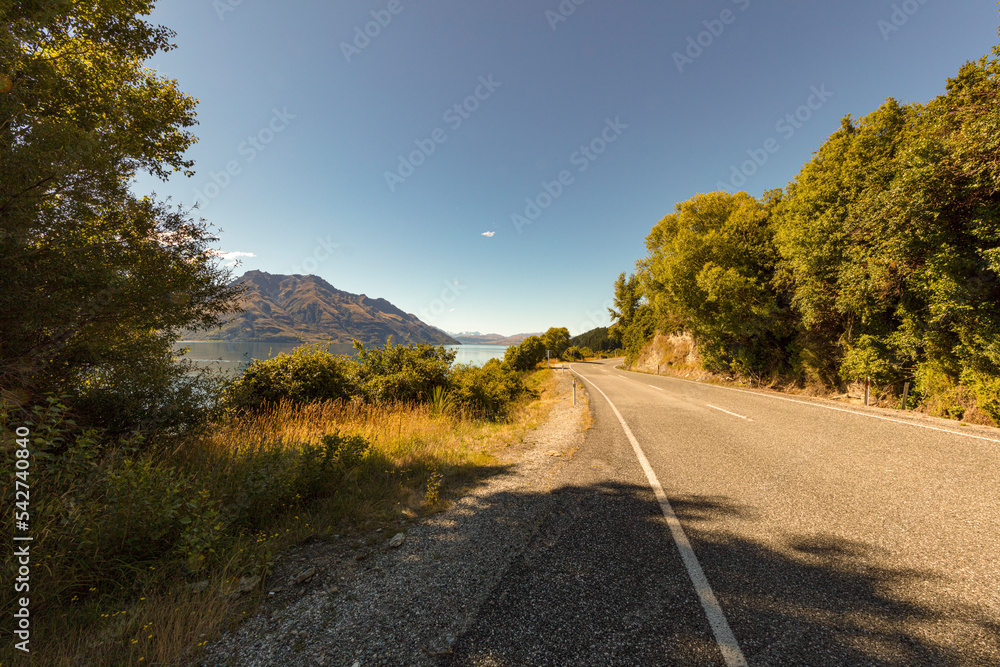 Scenic Lakeside road with mountain background