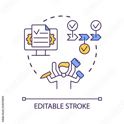 Multitasking skills concept icon. High productivity level. Simultaneously. Time management abstract idea thin line illustration. Isolated outline drawing. Editable stroke. Arial font used