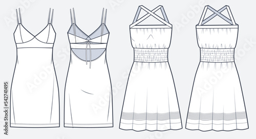 Set of straps Dresses technocal fashion Illustration. Women's mini Dress with shoulder straps fashion flat technical drawing template,  front and back view, white, CAD mockup set. photo