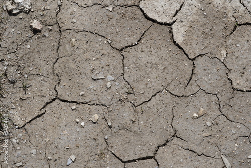 Close up view on cracked, arid, brown surface of soil with some small stones in Swiss town caused by hot summer. Picture has copy space and can be used as background. 