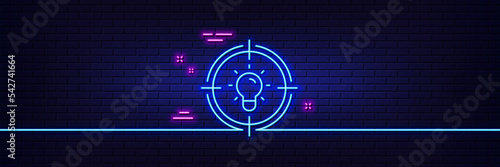 Neon light glow effect. Idea line icon. Light bulb or Lamp in target sign. Creativity, Solution or Thinking symbol. 3d line neon glow icon. Brick wall banner. Idea outline. Vector
