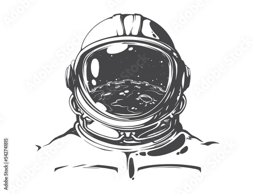 Vector illustration of an astronaut in a helmet whose window reflects the moon, black and white image of an astronaut in grunge style, reflection of the surface of the moon in the astronauts helmet 