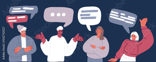 Cartoon vector illustration of Feedback Speech Bubble. Men woman with speech bubble
