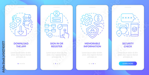 Open bank account online blue gradient onboarding mobile app screen. Walkthrough 4 steps graphic instructions with linear concepts. UI, UX, GUI template. Myriad Pro-Bold, Regular fonts used