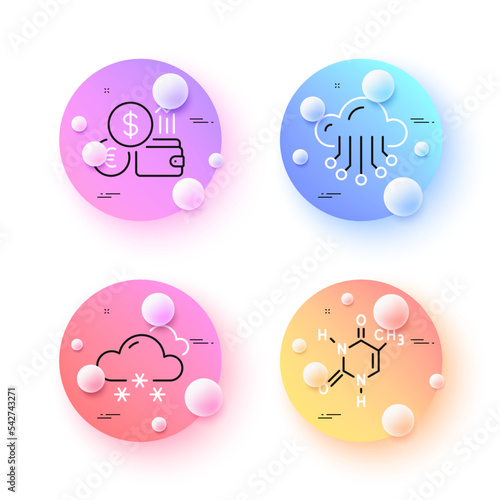 Currency rate, Cloud storage and Snow weather minimal line icons. 3d spheres or balls buttons. Chemical formula icons. For web, application, printing. Vector