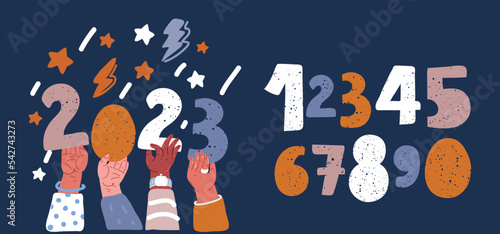 Cartoon vector illustraiton of People holding 2023 New Year numbers in hands. Happy men and women group celebrate winter holiday. And extra set of numbers