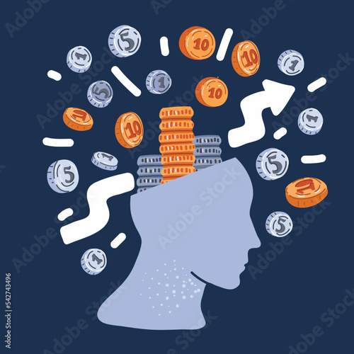 Cartoon vector illustraiton of head with money inside and increase graph