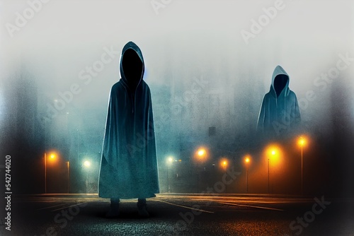 A moody double expsoure concept of a hooded figure over layered on a straight road with street lights on a foggy winters night. With a grunge, abstract, edit photo