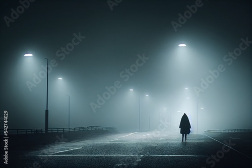 A moody double expsoure concept of a hooded figure over layered on a straight road with street lights on a foggy winters night. With a grunge, abstract, edit photo