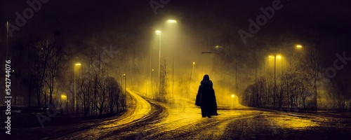 A moody double expsoure concept of a hooded figure over layered on a straight road with street lights on a foggy winters night. With a grunge, abstract, edit photo