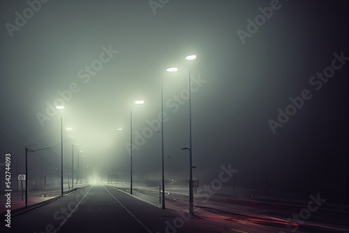 A moody double expsoure concept of a hooded figure over layered on a straight road with street lights on a foggy winters night. With a grunge, abstract, edit