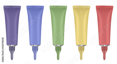 Set of tubes with long nozzle and long cap. Purple, yellow, white, blue and red. Cosmetic packaging. Serum or ointment. Gel or cream
