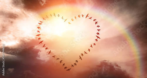 Lecące ptaki w kształcie serca na rozświetlonym niebie #542744653