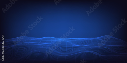 Abstract scifi technology wireframe landscape perspective view. 3D dynamic fluid wave vector background.