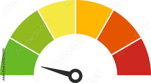 Vector speedometer meter with arrow for dashboard with green, yellow, orange and red indicators. Gauge of tachometer. Low, medium, high and risk levels. Bitcoin fear and greed index cryptocurrency