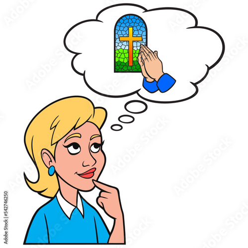 Girl thinking about Church - A cartoon illustration of a Girl thinking about attending Church on Sunday.