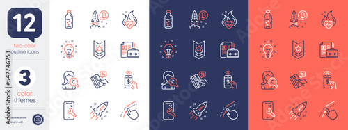 Set of Vacancy, Startup rocket and Swipe up line icons. Include Shoulder strap, Bitcoin project, Phone payment icons. Collagen skin, Credit card, Smartphone repair web elements. Vector