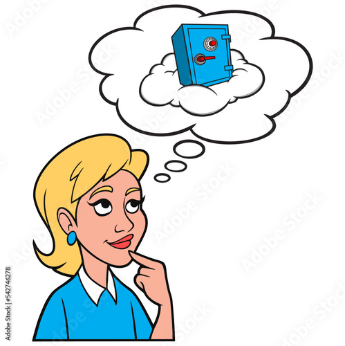 Girl thinking about Cloud Security - A cartoon illustration of a Girl thinking about Cloud Security to protect her Computer Data.