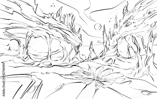 Vector sketch panoramic view of fantastic rock planet, game scene, black and white picture for coloring book concept, mountains  planet landscape for coloring book, extraterrestrial landscape,