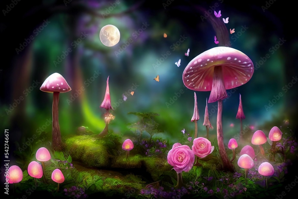 Fantasy Magical Mushrooms and Butterfly in enchanted Fairy Tale dreamy ...