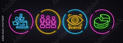 Artificial intelligence, Equality and Teamwork minimal line icons. Neon laser 3d lights. Pie chart icons. For web, application, printing. Retinal access, Equity, Networking. 3d graph. Vector
