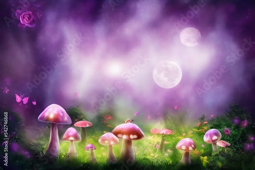 Wallpaper Mural antasy Magical Mushrooms and Butterfly in enchanted Fairy Tale dreamy elf Forest with fabulous Fairytale blooming pink Rose Flower on mysterious Nature background and shiny glowing moon rays in night Torontodigital.ca