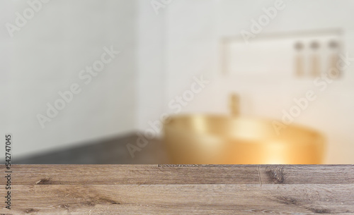 Clean and fresh bathroom with natural light. 3D rendering.. Suns. Background with empty wooden table. Flooring.