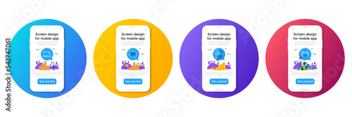 Minimal set of Refund commission, Fast food and Laptop line icons. Phone, cellphone ui interface mockup. Medical tablet icons. For web development. Vector