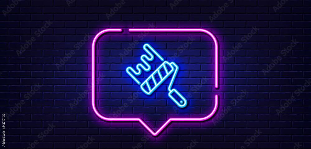 Neon light speech bubble. Paint roller line icon. Wall roll brush sign. Painter tool symbol. Neon light background. Paint roller glow line. Brick wall banner. Vector Neon light speech bubble. Paint roller line icon. Wall roll brush sign. Painter tool symbol. Neon light background. Paint roller glow line. Brick wall banner. Vector
