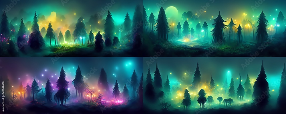 Night magical fantasy forest. Forest landscape, neon, magical lights in the forest. Fairy-tale atmosphere, fog in the forest, silhouettes of trees. 3D illustration.