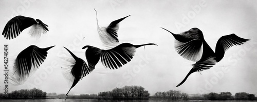 Photography birds flying black and white photography-like illustration