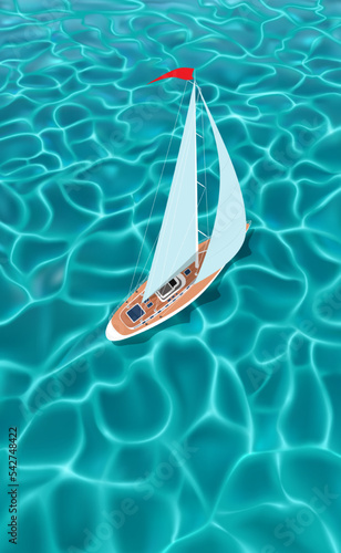 Yacht under sail on the water. Vector illustration of a yacht sailing on a shallow wave of the sea. Sketch for creativity.