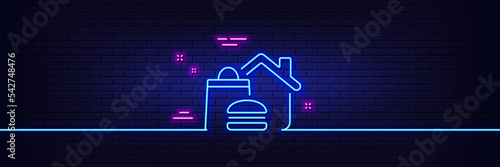 Neon light glow effect. Food delivery line icon. Meal order at home sign. Fast food deliver symbol. 3d line neon glow icon. Brick wall banner. Food delivery outline. Vector