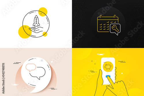 Minimal set of Loyalty points, Spanner and Crowdfunding line icons. Phone screen, Quote banners. Chat message icons. For web development. Piggy bank, Repair service, Start business. Vector