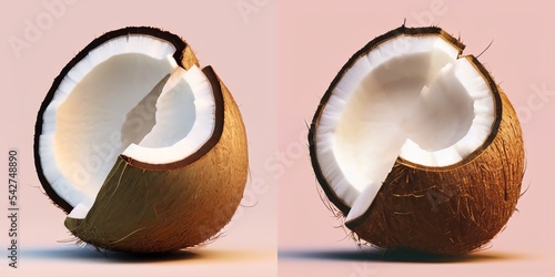 coconut cut in half on pastel pink background. Creative idea. Minimal concept. 3D rendering 
