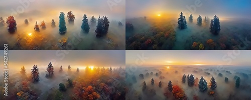 Fotografia early morning sunrise foggy forrest, treetips standing out of fog autumn fall fo
