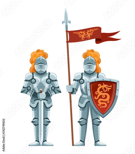 Knight in armor with a sword, shield and spear with a flag. Cartoon knight armor.