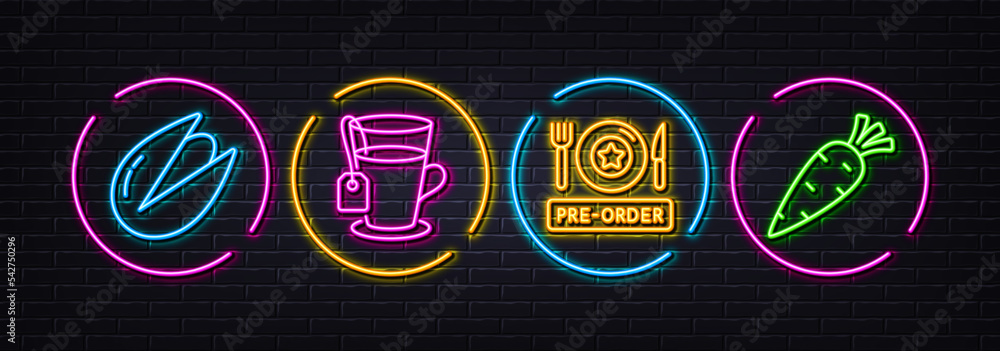 Pistachio nut, Tea and Pre-order food minimal line icons. Neon laser 3d lights. Carrot icons. For web, application, printing. Vegetarian food, Glass mug, Restaurant meal. Fresh vegetable. Vector