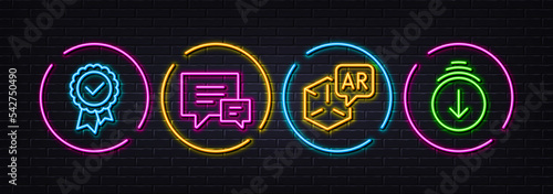 Comment, Tested stamp and Augmented reality minimal line icons. Neon laser 3d lights. Scroll down icons. For web, application, printing. Talk bubbles, Approved award, Virtual reality. Vector