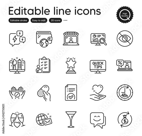 Set of Business outline icons. Contains icons as World mail, Wallet and Capsule pill elements. 48 hours, Martini glass, Seo analytics web signs. Medical tablet, Creative design. Vector