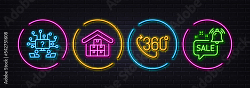 360 degree, Wholesale goods and Teamwork question minimal line icons. Neon laser 3d lights. Promotion bell icons. For web, application, printing. Vector