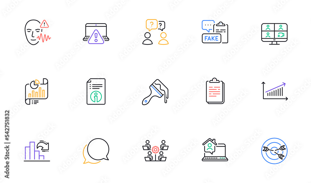 Work home, Chat message and Decreasing graph line icons for website, printing. Collection of Brush, Targeting, Voice wave icons. Teamwork, Report document, Teamwork questions web elements. Vector