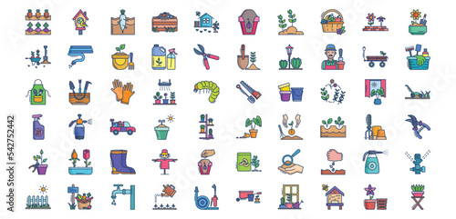 Collection of icons related to Gardening and farming, including icons like Bird house, Carrot, composting and more. vector illustrations, Pixel Perfect set