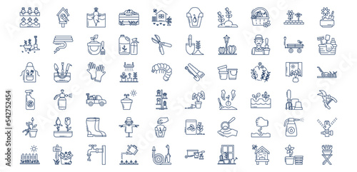 Collection of icons related to Gardening and farming, including icons like Bird house, Carrot, composting and more. vector illustrations, Pixel Perfect set