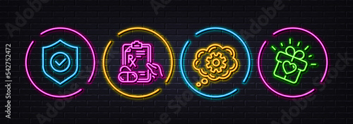Cogwheel, Security shield and Prescription drugs minimal line icons. Neon laser 3d lights. Love gift icons. For web, application, printing. Engineering tool, Cyber protection, Pills. Vector
