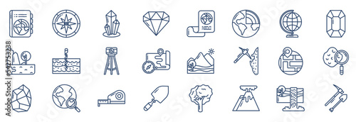 Collection of icons related to Geography, including icons like Book, Compass, Crystal, Dimond and more. vector illustrations, Pixel Perfect set
