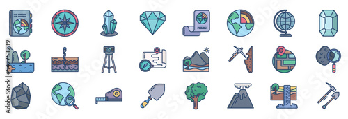 Collection of icons related to Geography, including icons like Book, Compass, Crystal, Dimond and more. vector illustrations, Pixel Perfect set
