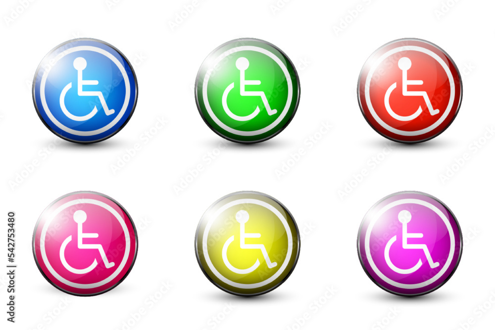 Wheelchair handicapped symbol icon set. Glossy buttons with shadows. Flat vector illustration. Wheelchair handicapped symbol icon set. Glossy buttons with shadows. Flat vector illustration.