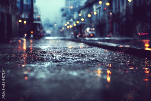 Foto City streets after heavy rain background of wet asphalt with neon night light, shadow and reflection on road