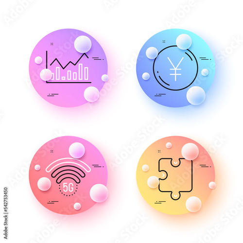 Yen money, 5g wifi and Puzzle minimal line icons. 3d spheres or balls buttons. Infochart icons. For web, application, printing. Currency, Wireless internet, Puzzle piece. Stock exchange. Vector